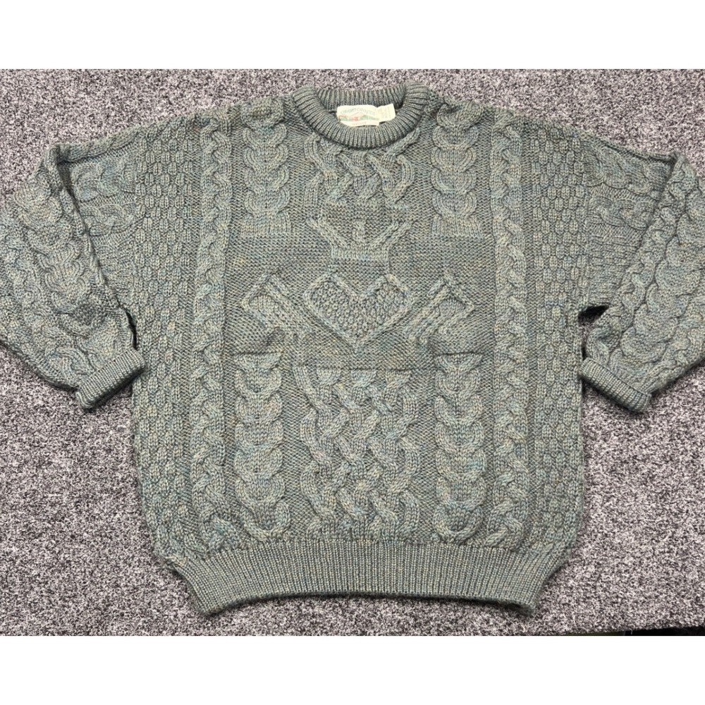 Arancrafts Sweater Womens XL Green Claddagh Wool Irish Knit Aran Fisherman Cozy